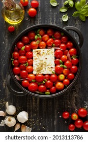 Ingredients For Making Pasta Sauce Based On Feta Cheese And Cherry Tomatoes, Top View. A Popular Dish, Baked Feta Pasta.