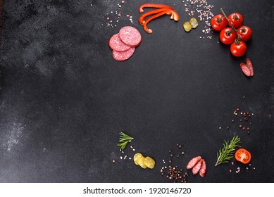 Ingredients For Making Pizza With Sausage Tomatoes And Cheese In A Hearth Oven. Mediterranean Cuisine