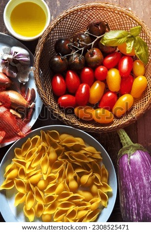 ingredients for pasta salad colorful tomatoes onion garlic e