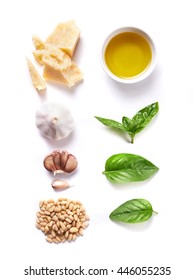 Ingredients For Pesto Isolated On White Background. Top View