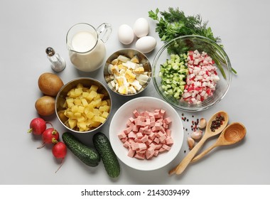 Ingredients for preparing tasty okroshka on grey background