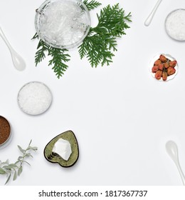 Ingredients For The Production Of Cosmetics. Clays, Wax, Herbal Powders, Dried Flowers, Raspberry Ketone, Menthol Crystals. Natural Cosmetics Concept.