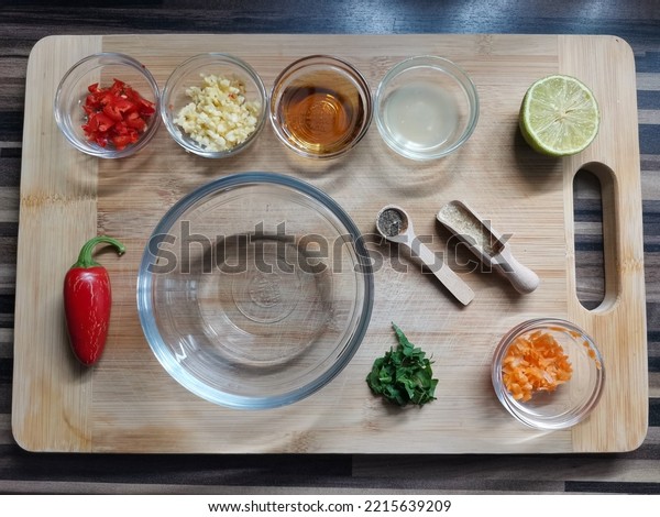 Ingredients (raw) for traditional vietnamese sauce\
Nuoc cham.