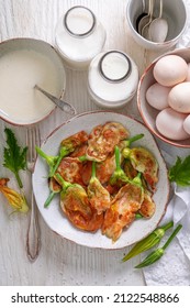 Ingredients For Roasted Pumpkin Flower Made Of Pancake Batter. Deep Fried Yellow Squash Flower.