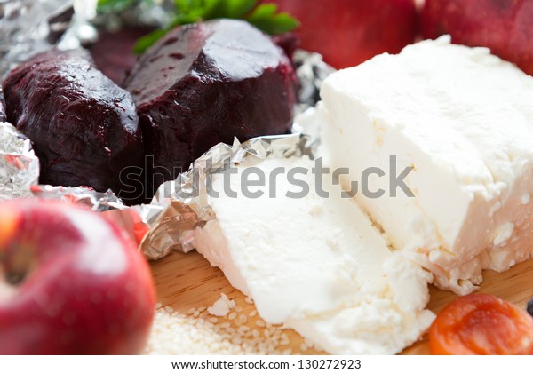 Ingredients Salad Cottage Cheese Fruit Vegetables Stock Photo