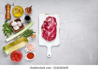 Ingredients For Slow Cooking Meat - Wine, Spice, Herbs And Oil