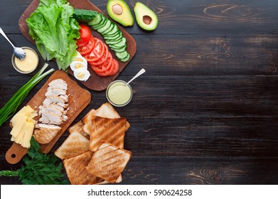 Ingredients For A Tasty And Delicious Turkey Sandwich With Chicken And Vegetables