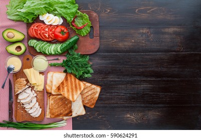 Ingredients For A Tasty And Delicious Turkey Sandwich With Chicken And Vegetables