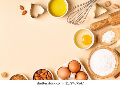 Ingredients And Utensils For Baking On A Pastel Background, Top View.