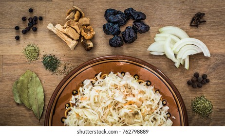 Ingredients Of Vegetarian Bigos - Traditional Polish Christmas Eve Dinner Dish Made Of Sauerkraut