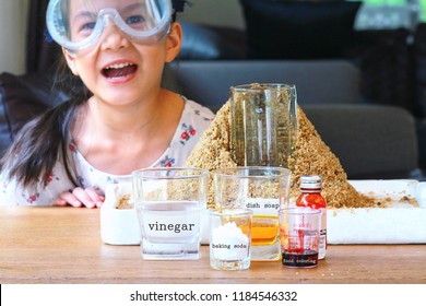 The Ingredients Of Volcano Experiment, Vinegar,dish Washing Soap,baking Soda And Food Coloring.Kid Science Experiment Of Volcano Or Baking Soda And Vinegar Volcano Eruption For Kid.Selective Focus.