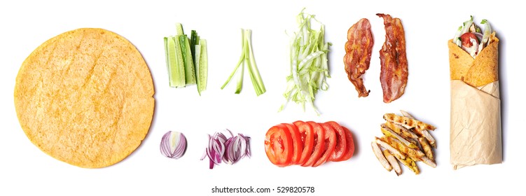 Ingredients For Wrapped Sandwich Isolated On White Background. Top View