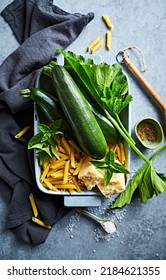 Ingredients For Zucchini Penne Bake. Top View. Mediterranean Cuisine