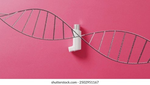 Inhaler placed within DNA strand image on pink background. Medical, healthcare, genetics, biotechnology, asthma, respiratory - Powered by Shutterstock