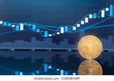 Initial Coin Offering (ICO) And Digital Money Investing Concept - Physical Metal Digital Coins With Blue Global Trading Exchange Market Price Chart In The Background.