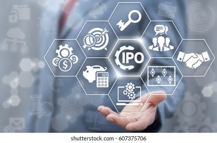 Initial Public Offering service finance business concept. Businessman touched gear IPO icon on virtual trading screen. Financial trade exchange investment and strategy technology.