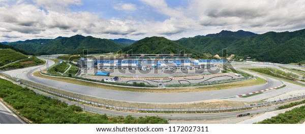 Inje-gun, Korea - August 07, 2018: Inje Speedium, a\
motor racing circuit which is part of a large complex named the\
Inje Auto theme park.
