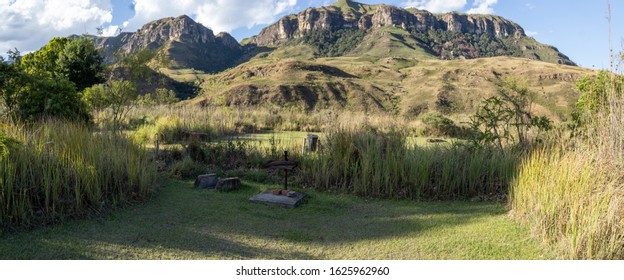 Injisuthi Campsite In Central Drakensberg Panoramas With Drakensberg Mountains In The Background And Campsite In South Africa