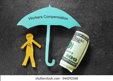 Injured paper man with money, under Workers Compensation umbrella                               