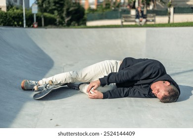 injured skater sprawled on the ground of a skate park, gripping their knee in visible distress. The skater’s expression conveys the frustration of a fall, emphasizing the risks in extreme sports - Powered by Shutterstock