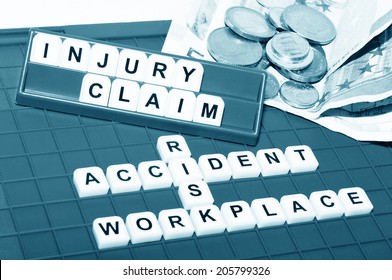 Injury claim concept with key words and cash compensation