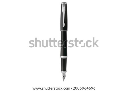 Ink fountain pen isolated on a white background. Luxury Black metal Retro pen for corporate identity and branding of stationery. High quality photo. Design template mockup.