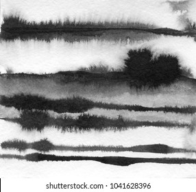 Ink hand drawn illustration with abstract landscape. Black and white ink winter landscape with river. Minimalistic hand drawn illustration for card, background, poster. Hand drawn watercolor lines. - Powered by Shutterstock