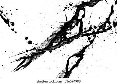 Ink Splatter Or Liquid Splash With Black Acrylic Paint Isolated On White Background For Abstract Fun Wall Decoration, Top View.