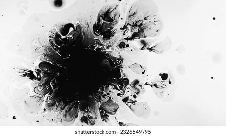 Ink splatter. Oil spill. Dark fluid swirl spreading blending in supernatural pattern of black watercolor abstract illustration.