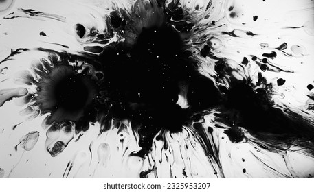 Ink splatter. Oil stain. Abstract splash of dark black spatters drips oil watercolor explosion on white creative illustration.