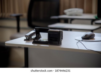 Ink Stamp. Office Environment. Blurred And Selective Background. Utensils Used In Stationery. An Office Or Office Is The Room In A Home That Is Used As A Space For Study And Work.