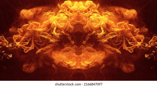 Ink water blend. Hellfire effect. Red orange fiery fluid mixing motion on black mist texture abstract background shot on Red Cinema camera 6k.