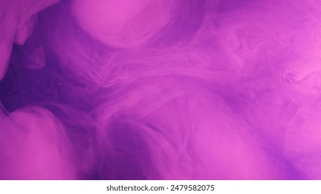 Ink water drop. Vapor cloud. Defocused neon purple pink color shimmering glitter particles explosion smoke floating abstract art background.