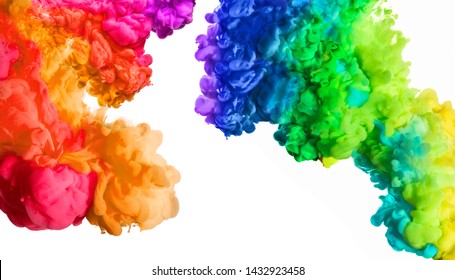 Ink In Water Isolated On White Background. Rainbow Of Colors. Colors Explosion. Colours Festival.