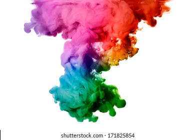 Ink in water isolated on white background. Rainbow of colors 