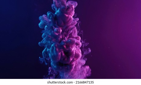 Ink water shot. Neon smoke cloud. Cyberpunk explosion. Fluorescent pearl blue purple color light fluid drop swirl on bright gradient abstract art copy space background.