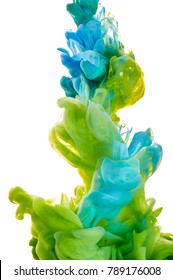 Ink In The Water. A Splash Of Green And Blue  Paint. Abstract Background Color