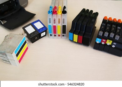 Inkjet Printer Close Up On Ink Cartridges