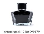 Inkwell isolated on a white background. Glass bottle with mascara. Black liquid in a glass bottle