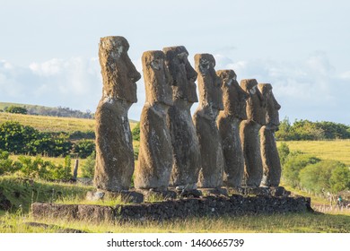 The inland moais of Ahu Akivi, these moais face towards the sea. Easter Island, Chile