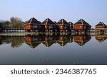 INLE LAKE, MYANMAR - MAR 1, 2015 - Dusk, Floating cottages of Hupin Hotel on  Inle Lake,  Myanmar (Burma)