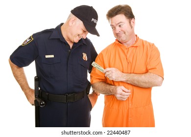 Inmate In Orange Jump Suit Offering A Bribe To A Police Officer.  Isolated On White.