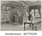 Inn interior old illustration, Bolkesjo, Telemark, Norway. Created by Lancelot, published on Le Tour du Monde, Paris, 1860