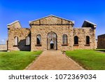 Inner court of Trial Bay gaol with facade of main block - modern day museum of australian history in Arakoon national park, NSW.