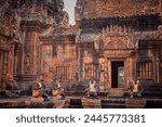 The inner hall of Banteay Srei Temple in Siem Reap, Cambodia with spiritual animal statues
