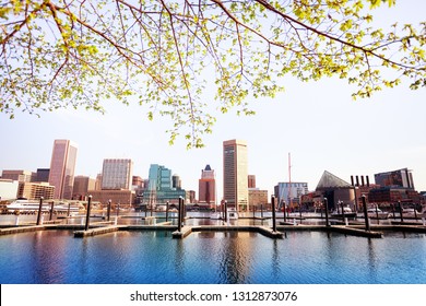 Inner Harbor and Baltimore skyline, in spring, USA