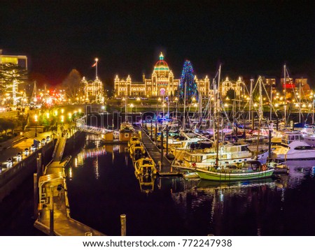 Inner Harbor of Victoria BC, capital of British Columbia, Vancouver Island, Canada, illuminated at  Christmas and New Year time