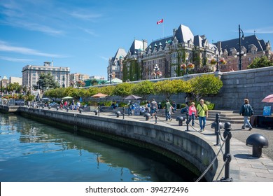 Inner Harbour, Victoria, BC, Canada August 9, 2015 - Popular tourist destination with eco-tours, unique shops, food, the world famous Empress Hotel & near the parliament buildings in Victoria, Canada