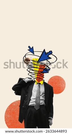 Inner Tab Manager. Browser tabs replace head showing coffee chat calendar in doodle swirl. Concept of work-life balance, planning, brain overload, productivity. Conceptual art collage