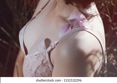 Innocent Girl In Pink Bra. Flowers Petals On Thin Delicate Skin. First Time, First Love. Sensual, Tender, Innocence.Goose Pimples, Bumps.